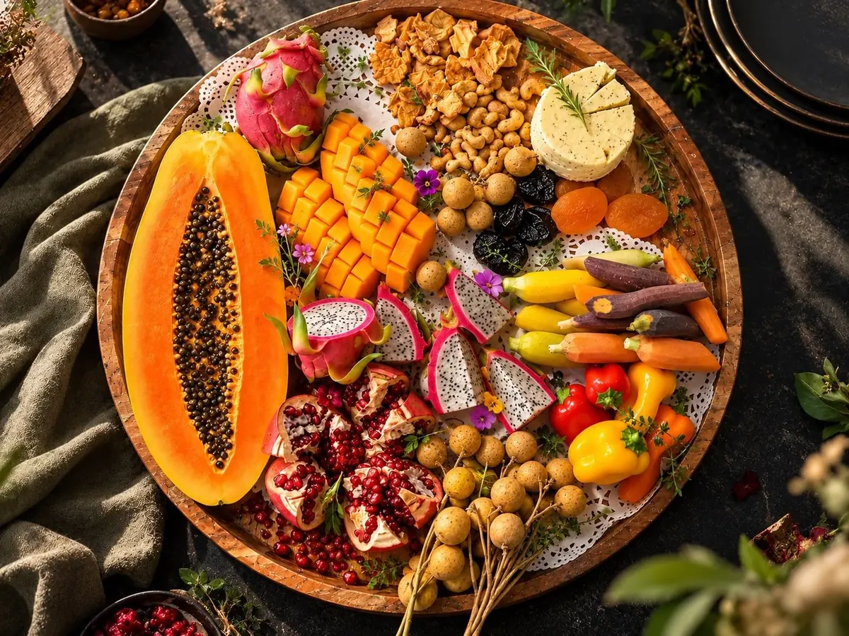 A wooden tray of fresh fruit, cheese, nuts and crudites